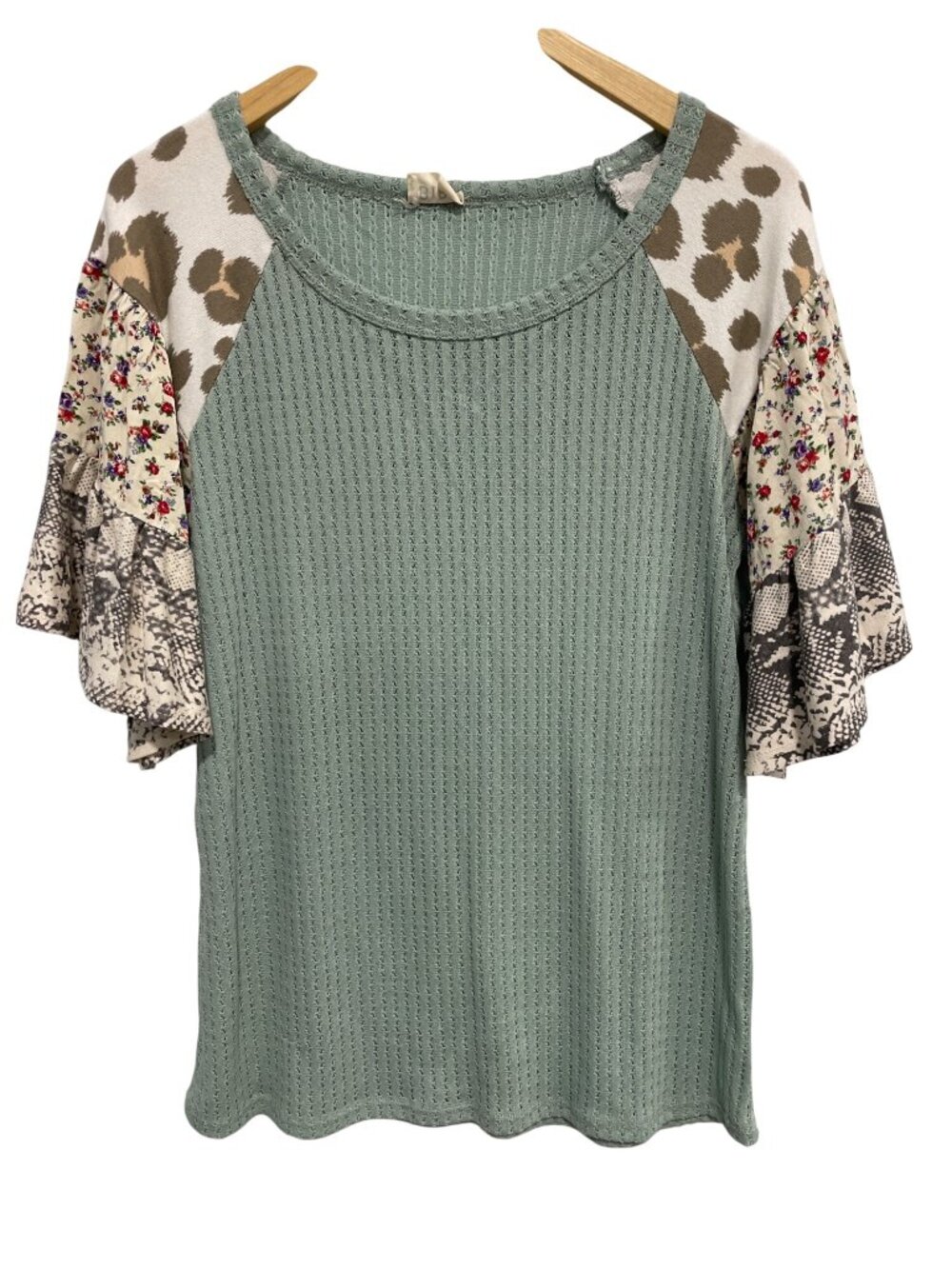 BiBi Blouse Small Tiered Flare Sleeve Floral Animal Print Green Multi Chic